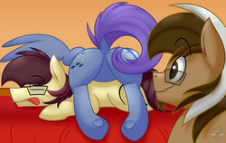 Size: 4592x2893 | Tagged: safe, artist:artsyambi, oc, oc only, oc:ambiguity, oc:windy dripper, oc:yoshi ringo, pegasus, pony, butt, cuddling, dock, featureless crotch, implied gay, male, plot, raised tail, snuggling, stallion, tail