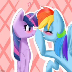 Size: 5000x5000 | Tagged: safe, artist:fierymeyno, rainbow dash, twilight sparkle, alicorn, pony, g4, absurd resolution, blushing, boop, eyes closed, female, grin, lesbian, mare, nose wrinkle, ship:twidash, shipping, twilight sparkle (alicorn)