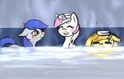 Size: 4691x3000 | Tagged: safe, artist:ruef, oc, oc only, oc:cotton drop, oc:gabriel, oc:sunflower meadows, bat pony, pony, unicorn, bath, hot tub, steam