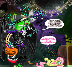 Size: 939x881 | Tagged: safe, artist:seriousdog, discord, fluttershy, g4, book of life, clothes, costume, crossover, halloween, holiday, nightmare night, pumpkin bucket, speech bubble, the book of life, trick or treat, xibalba