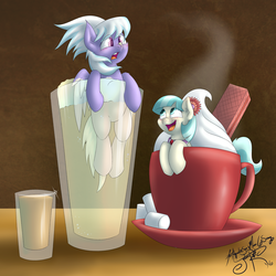 Size: 4000x4000 | Tagged: safe, artist:jorobro, cloudchaser, coco pommel, pony, g4, absurd resolution, alcohol, beer, chocolate, cup, cup of pony, duo, food, hot chocolate, ice, marshmallow, micro, whipped cream