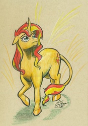 Size: 1024x1464 | Tagged: safe, artist:moviedragon009v2, sunset shimmer, classical unicorn, pony, unicorn, g4, female, horn, leonine tail, solo, traditional art, watermark