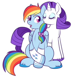 Size: 565x589 | Tagged: safe, artist:lulubell, rainbow dash, rarity, g4, alternate hairstyle, clothes, female, kissing, lesbian, makeover, ship:raridash, shipping, simple background, socks, transparent background