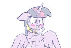 Size: 1280x853 | Tagged: safe, artist:heir-of-rick, twilight sparkle, alicorn, pony, g4, award, blushing, female, grin, mare, nervous, sketch, solo, sweat, trophy, twilight sparkle (alicorn)