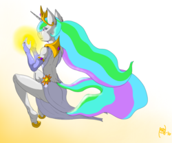 Size: 1200x1000 | Tagged: safe, artist:epicpaladin, princess celestia, alicorn, anthro, g4, clothes, dress, female, from behind, magic, solo, wingless, wingless anthro