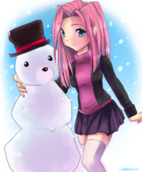 Size: 900x1093 | Tagged: safe, artist:klaudy, pinkie pie, human, g4, alternate hairstyle, clothes, explicit source, hat, humanized, skirt, snowman, socks, thigh highs, zettai ryouiki