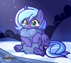 Size: 1272x1125 | Tagged: dead source, safe, artist:xwhitedreamsx, princess luna, alicorn, pony, g4, bed, blushing, cute, female, filly, foal, hug, lunabetes, pillow, pillow hug, scared, sitting, solo, sweet dreams fuel, teary eyes, woona