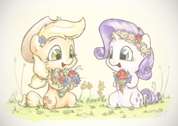 Size: 1440x1018 | Tagged: safe, artist:assasinmonkey, part of a set, applejack, rarity, g4, apples & gems calendar, female, flower, flower in hair, lesbian, ship:rarijack, shipping