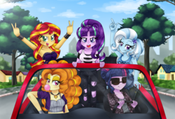 Size: 1760x1200 | Tagged: safe, artist:lucy-tan, adagio dazzle, sci-twi, starlight glimmer, sunset shimmer, trixie, twilight sparkle, equestria girls, g4, armpits, belly button, bubblegum, car, cleavage, clothes, female, food, jeans, midriff, pants, ripped jeans, sunglasses, tank top, twilight's counterparts, wink