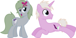Size: 2065x1024 | Tagged: safe, artist:parclytaxel, oc, oc only, earth pony, pony, unicorn, .svg available, male, prone, recolor, ribbon, simple background, smiling, stallion, transparent background, vector