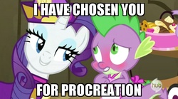 Size: 720x401 | Tagged: safe, edit, edited screencap, screencap, rarity, spike, dragon, pony, unicorn, dragon quest, g4, apron, blushing, caption, clothes, female, hub logo, image macro, implied sex, joel, male, mare, meme, rarity's bad pickup lines, ship:sparity, shipping, straight, subtle as a train wreck, the sims, the sims 3, vargskelethor, vinesauce