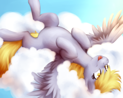 Size: 942x746 | Tagged: safe, artist:fizzy-dog, derpy hooves, pegasus, pony, g4, :p, cloud, cute, female, mare, on back, solo, spread wings, tongue out