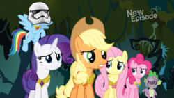 Size: 1366x768 | Tagged: safe, edit, edited screencap, screencap, applejack, fluttershy, rainbow dash, rarity, spike, g4, princess twilight sparkle (episode), element of loyalty, elements of harmony, fn-2199, hub logo, loyalty, spoilers for another series, star wars, star wars: the force awakens, stormtrooper, tr-8r