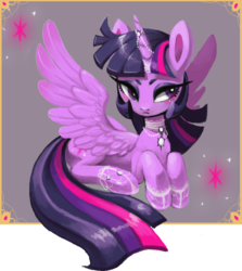Size: 720x808 | Tagged: safe, artist:sunbusting, twilight sparkle, alicorn, pony, g4, beautiful, blushing, choker, female, horn, horn jewelry, jewelry, lace, mare, pretty, prone, solo, spread wings, twilight sparkle (alicorn)