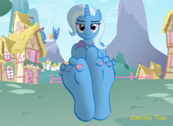 Size: 1024x745 | Tagged: safe, artist:dancingtoes, trixie, anthro, plantigrade anthro, g4, barefoot, breasts, cape, clothes, feet, fetish, foot fetish, foot focus, soles, toenails, toes, trixie's cape, wiggling toes