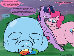 Size: 800x600 | Tagged: safe, artist:paupoepic, pinkie pie, rainbow dash, twilight sparkle, g4, belly, chubby, chubby cheeks, fat, gak, immobile, impossibly large belly, morbidly obese, obese, pudgy pie, pushing, rainblob dash, tubby wubby pony waifu, zzz