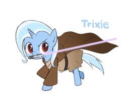 Size: 1024x835 | Tagged: safe, artist:bronyraimu, trixie, pony, unicorn, g4, clothes, crossover, female, jedi, lightsaber, mare, mouth hold, solo, star wars, weapon