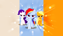 Size: 1920x1080 | Tagged: safe, artist:antylavx, artist:s.guri, edit, applejack, rainbow dash, rarity, g4, filly applejack, filly rainbow dash, filly rarity, hearts as strong as horses, looking at you, marching, vector, wallpaper