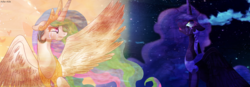 Size: 4053x1417 | Tagged: safe, artist:asika-aida, princess celestia, princess luna, g4, crying, duo, floppy ears