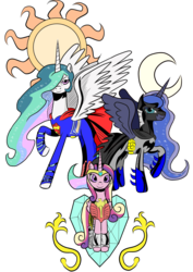 Size: 1240x1754 | Tagged: safe, artist:jakrat-rosemberd, princess cadance, princess celestia, princess luna, g4, batluna, batman, crossover, cutie mark, supelestia, superman, wonder woman