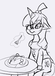 Size: 419x573 | Tagged: artist needed, safe, moondancer, g4, 4chan, animated, female, food, grayscale, monochrome, pasta, solo, spaghetti, spagoots
