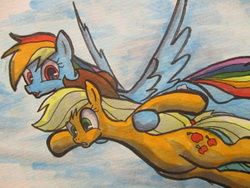 Size: 1024x768 | Tagged: safe, artist:butaniku48, applejack, rainbow dash, earth pony, pegasus, pony, g4, flying, holding a pony, traditional art