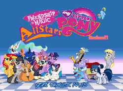 Size: 795x593 | Tagged: safe, derpy hooves, discord, dj pon-3, moondancer, octavia melody, princess celestia, princess luna, sunset shimmer, trixie, twilight sparkle, vinyl scratch, alicorn, pony, g4, checkered floor, female, mare, nintendo, rom hack, super mario all-stars, super mario bros., super pony all-stars, twilight sparkle (alicorn)