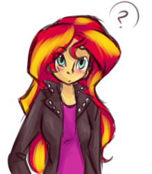 Size: 774x883 | Tagged: dead source, safe, artist:fizzy-dog, sunset shimmer, equestria girls, friendship games, g4, blushing, cute, explicit source, female, question mark, shimmerbetes, solo