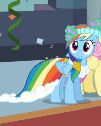 Size: 319x395 | Tagged: safe, screencap, fluttershy, rainbow dash, pegasus, pony, a canterlot wedding, g4, animated, blinking, clothes, cute, dashabetes, dress, female, folded wings, gif, mare, rainbow dash always dresses in style, smiling, wings
