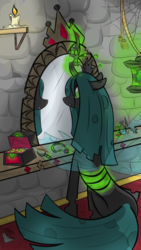 Size: 640x1136 | Tagged: safe, artist:briarspark, queen chrysalis, changeling, changeling queen, g4, female, jewelry, magic, mirror, solo