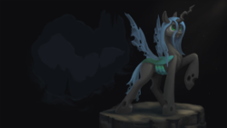 Size: 1920x1080 | Tagged: safe, artist:adidea, queen chrysalis, changeling, changeling queen, g4, female, raised hoof, solo, wallpaper