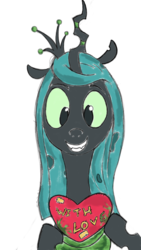 Size: 640x1136 | Tagged: safe, artist:briarspark, queen chrysalis, changeling, changeling queen, g4, female, grin, heart, looking at you, simple background, solo