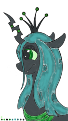 Size: 640x1136 | Tagged: safe, artist:briarspark, queen chrysalis, changeling, changeling queen, g4, female, profile, simple background, smiling, solo