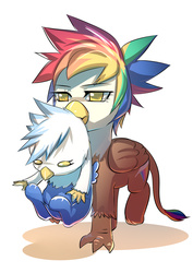 Size: 990x1400 | Tagged: safe, artist:bakki, oc, oc only, oc:gren, oc:rainbow feather, classical hippogriff, griffon, hippogriff, baby, brother and sister, carrying, cute, female, interspecies offspring, magical lesbian spawn, male, next generation, offspring, parent:gilda, parent:rainbow dash, parents:gildash, siblings