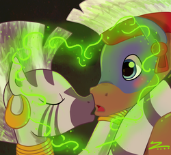 Size: 900x818 | Tagged: safe, artist:zindry, temple chant, zecora, earth pony, pony, zebra, g4, female, heart, kissing, male, shipping, stallion, straight, tribal pony, zechant