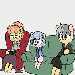Size: 600x600 | Tagged: safe, artist:whydomenhavenipples, edit, oc, oc only, oc:closed circuit, oc:prism flux, oc:sherbert, earth pony, pony, unicorn, northern excursion, book, chair, clothes, colored, couch, female, freckles, male, reading, scarf