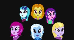Size: 852x472 | Tagged: safe, artist:3d4d, adagio dazzle, aria blaze, fuchsia blush, lavender lace, sonata dusk, trixie, equestria girls, friendship through the ages, g4, my little pony equestria girls: rainbow rocks, background human, base used, black background, bohemian rhapsody, female, queen (band), simple background, the dazzlings, trixie and the illusions