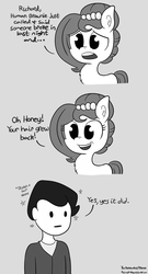 Size: 756x1400 | Tagged: safe, artist:midnight-wizard, oc, oc only, oc:brownie bun, oc:richard, earth pony, human, pony, blatant lies, chest fluff, comic, descriptive noise, dialogue, ear fluff, female, gray background, grayscale, hubbo, human male, lies, male, mare, meme, monochrome, richard with hair, simple background, stealing, wig