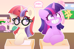 Size: 1600x1067 | Tagged: safe, artist:sohmasatori, moondancer, twilight sparkle, pony, unicorn, g4, blushing, classroom, cute, heart eyes, laughing, new student starfish, reference, spongebob squarepants, wingding eyes