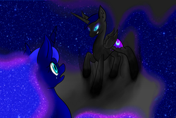 Size: 3000x2000 | Tagged: safe, artist:yukiko-snowflake, nightmare moon, princess luna, g4, confrontation, crying, duality, grin, high res