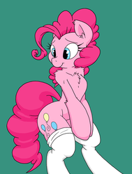 Size: 1419x1874 | Tagged: safe, artist:dfectivedvice, artist:jubileeglider, pinkie pie, earth pony, pony, semi-anthro, g4, arm hooves, bipedal, chest fluff, clothes, female, simple background, smiling, socks, solo, thigh highs