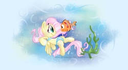 Size: 1440x790 | Tagged: safe, artist:vago-xd, fluttershy, fish, pegasus, pony, g4, bikini, clothes, female, looking at each other, profile, solo, swimming, swimsuit, underwater, watershy