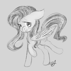 Size: 1000x1000 | Tagged: safe, artist:cinnamonsparx, fluttershy, g4, female, grayscale, looking at you, monochrome, open mouth, raised hoof, simple background, solo