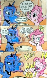 Size: 1718x2863 | Tagged: safe, artist:darkest-lunar-flower, pinkie pie, princess luna, g4, cake, comic, derp, food, luna is not amused, pun, this will end in tears and/or a journey to the moon, traditional art