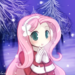 Size: 750x750 | Tagged: safe, artist:lumineko, fluttershy, human, g4, blushing, breath, clothes, cold, cute, earmuffs, female, gloves, humanized, looking at you, lumineko is trying to murder us, open mouth, patreon, shyabetes, snow, snowfall, solo, textless, winter