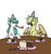 Size: 579x618 | Tagged: safe, artist:redxbacon, oc, oc only, oc:beryl, oc:beryl (smhac), oc:golden plume, griffon, pony, birthday, cake, food, hat, knife, party hat, party horn, table