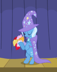 Size: 552x699 | Tagged: safe, screencap, trixie, pony, boast busters, g4, animated, bipedal, bouquet, cute, diatrixes, female, flower, male