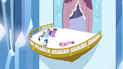 Size: 1280x720 | Tagged: safe, screencap, princess cadance, rainbow dash, shining armor, twilight sparkle, g4, the crystal empire, balcony, crystal empire, crystal palace, exhausted, lying down, passed out, tired