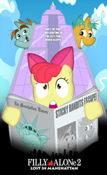Size: 655x1071 | Tagged: safe, artist:dan232323, apple bloom, snails, snips, earth pony, pony, unicorn, g4, 101 dalmatians 2 patch's london adventure, blackletter, colt, empire state building, female, filly, home alone, home alone 2: lost in new york, horace badun, jasper badun, male, manehattan, movie poster, newspaper, poster, statue of friendship