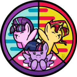 Size: 796x798 | Tagged: safe, artist:mangameister, starlight glimmer, sunset shimmer, twilight sparkle, alicorn, pony, unicorn, equestria girls, g4, counterparts, looking at you, one eye closed, puppet, simple background, spread wings, transparent background, twilight sparkle (alicorn), twilight's counterparts, wink